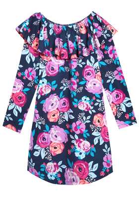 FabKids Dresses Floral Long Sleeve Ruffle Dress Girls Navy Floral Size XXL